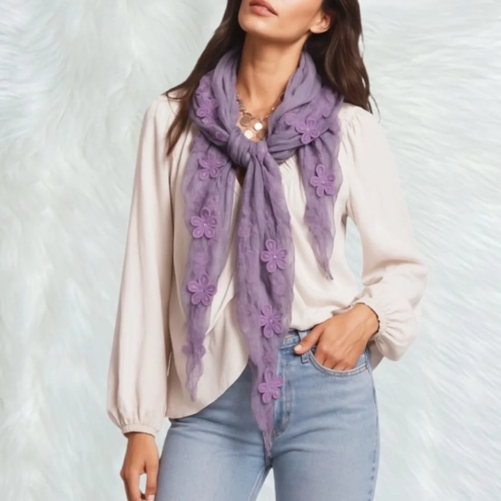 Kikiyo Purple Mesh Ruffles Embroidered Shabby Chic‎ Lace Ruffles Scarf